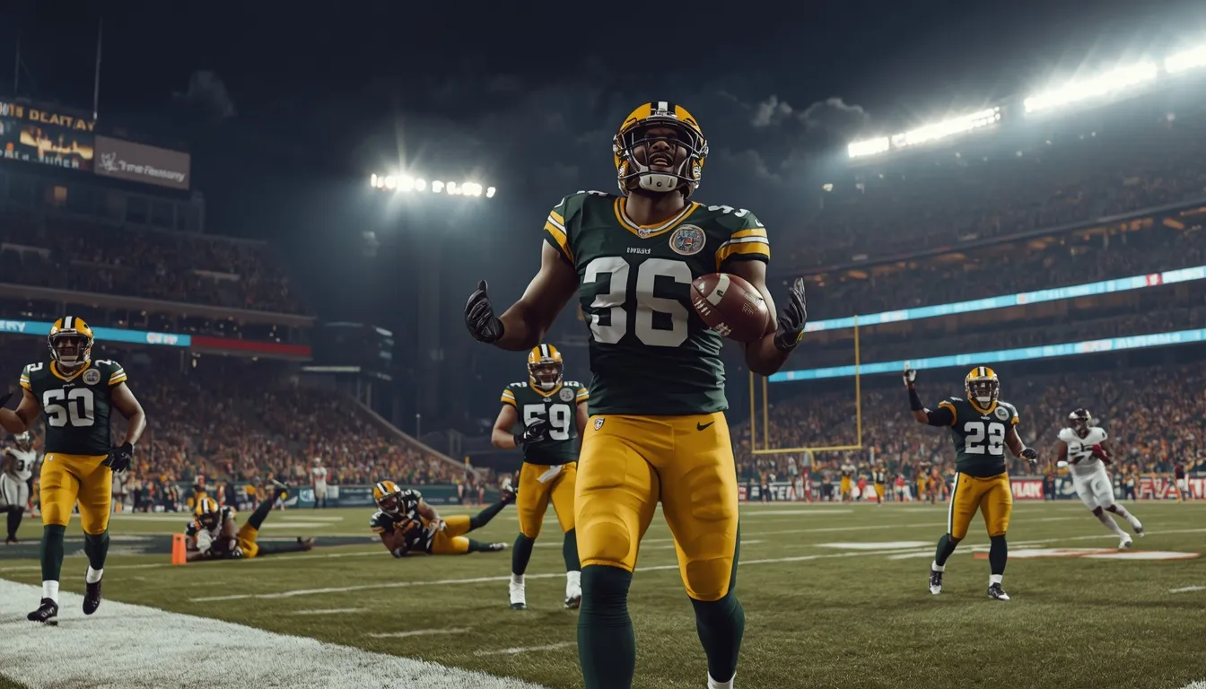 Bijan Robinson celebrates a touchdown against the Packers