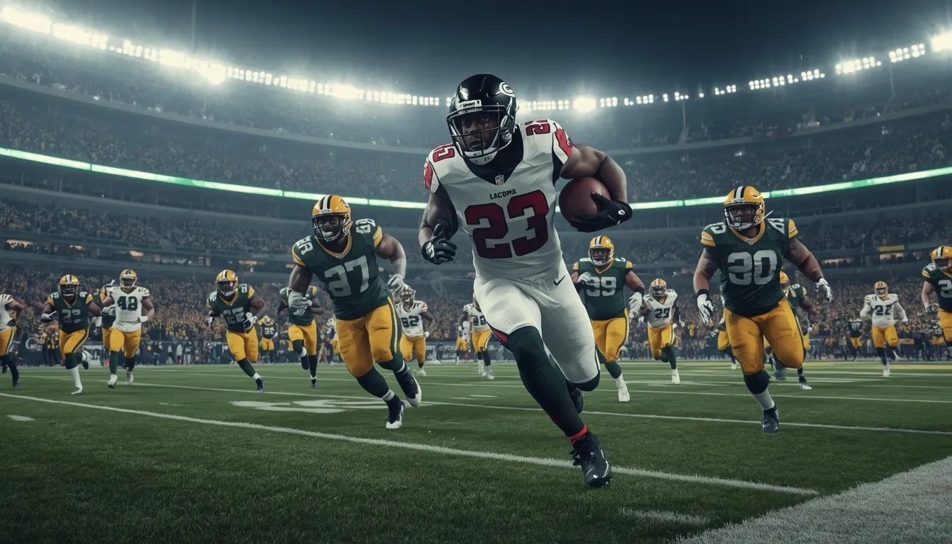 Bijan Robinson runs against the Green Bay Packers at Lambeau Field